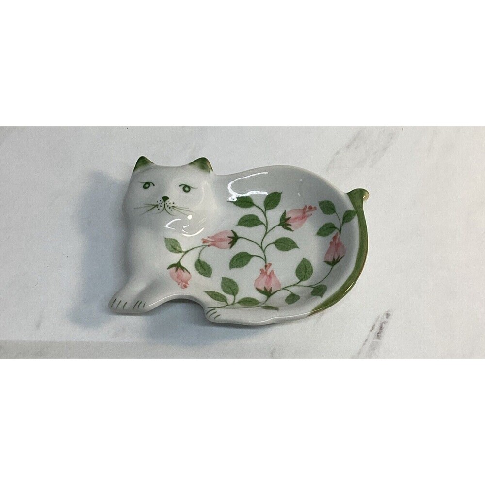 Andrea By Sadek Kitty Cat Spoon Rest Tea Holder Trinket Dish White Pink Floral A